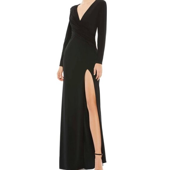Ieena Mac Duggal Black Long Sleeve Wrap Jersey Gown